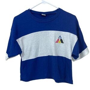 Vintage‎ 80s Runner Up Made in USA T-Shirt Women's Size M Cropped Blue White